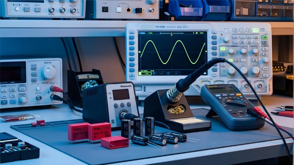 An electronics testing station with an oscilloscope measuring the performance of the best capacitors for amplifier distortion reduction and frequency response
