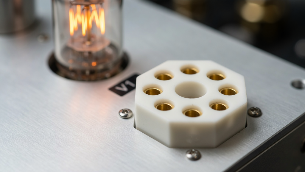 Premium white ceramic 8 pin octal sockets mounted on a brushed aluminum chassis of a vintage vacuum tube amplifier.