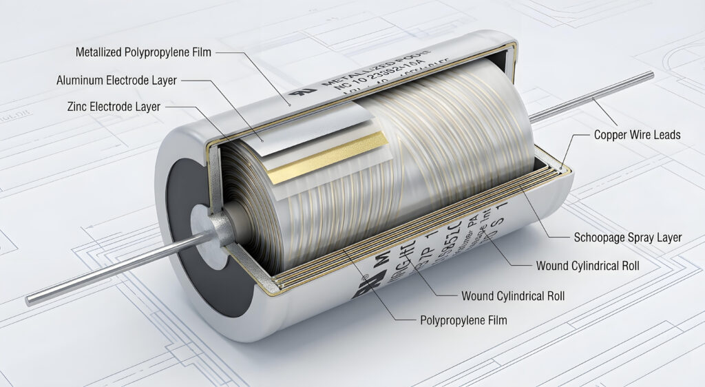 3D technical cross-section diagram showing the internal wound film layers, vacuum-deposited metal electrodes, and schoopage end-contact of metallized polypropylene capacitors.
