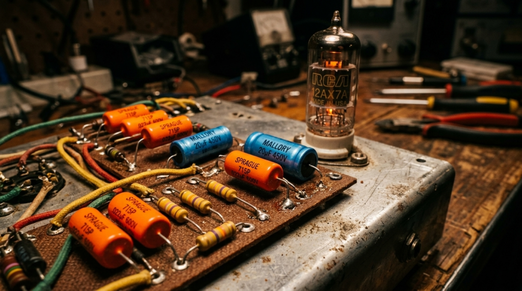 Close-up of vintage tube amp capacitors and a glowing vacuum tube inside a hand-wired guitar amplifier chassis.