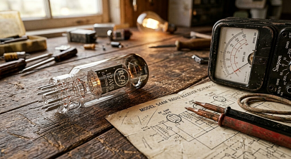 A vintage 12AV6 vacuum tube resting on a wooden workbench next to an old-fashioned analog multimeter and paper radio schematics.