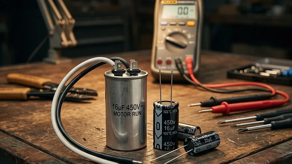 Technical comparison showing flexible wire leads and board-level 16uf 450v capacitors on an electronics repair bench.