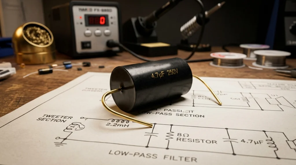 High-end speaker crossover board featuring premium audio capacitors for sale and heavy-gauge copper inductors.