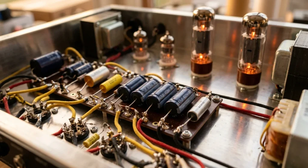 Vintage tube amplifier circuit featuring high-voltage axial electrolytic capacitors soldered in point-to-point wiring.