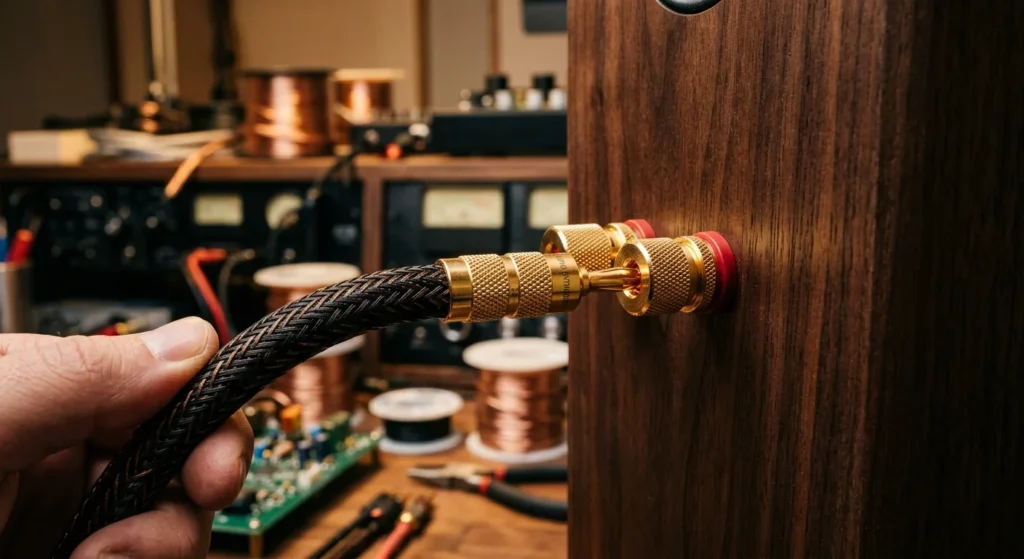 Gold banana plug cable connected to a 5-way speaker binding post on a custom walnut wooden speaker enclosure.
