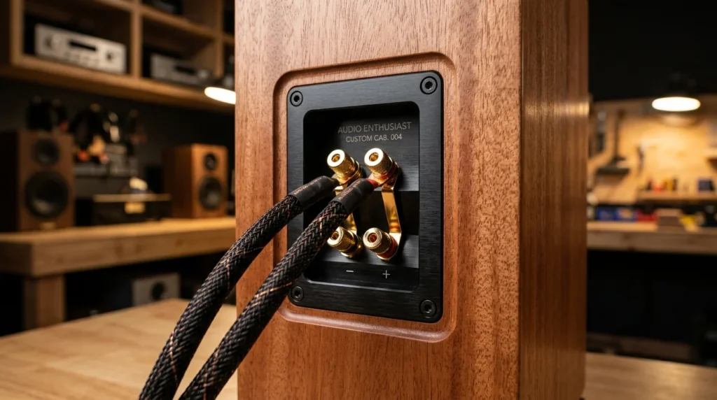 High-end speaker cabinet back panel featuring a bi-wire gold binding posts terminal plate with connected spade cables.