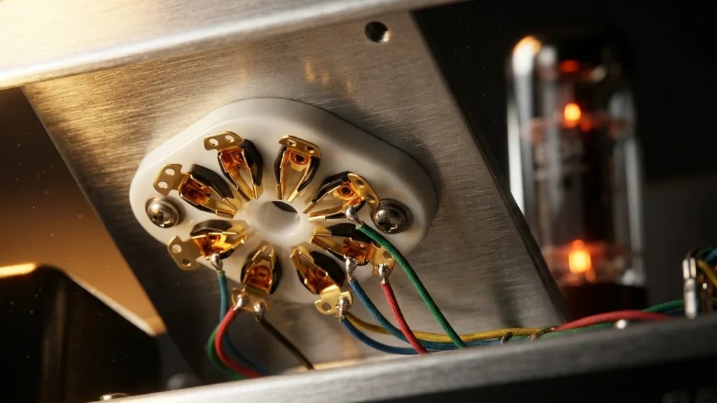 Close-up of high-quality ceramic 8 pin octal sockets with gold-plated solder lugs mounted on a vintage tube amplifier chassis under warm studio lighting.