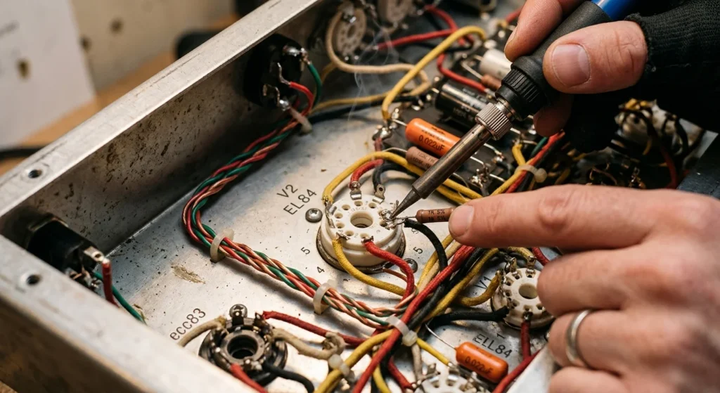 Precision hand soldering of grid stopper resistor onto el84 sockets inside an amplifier chassis.