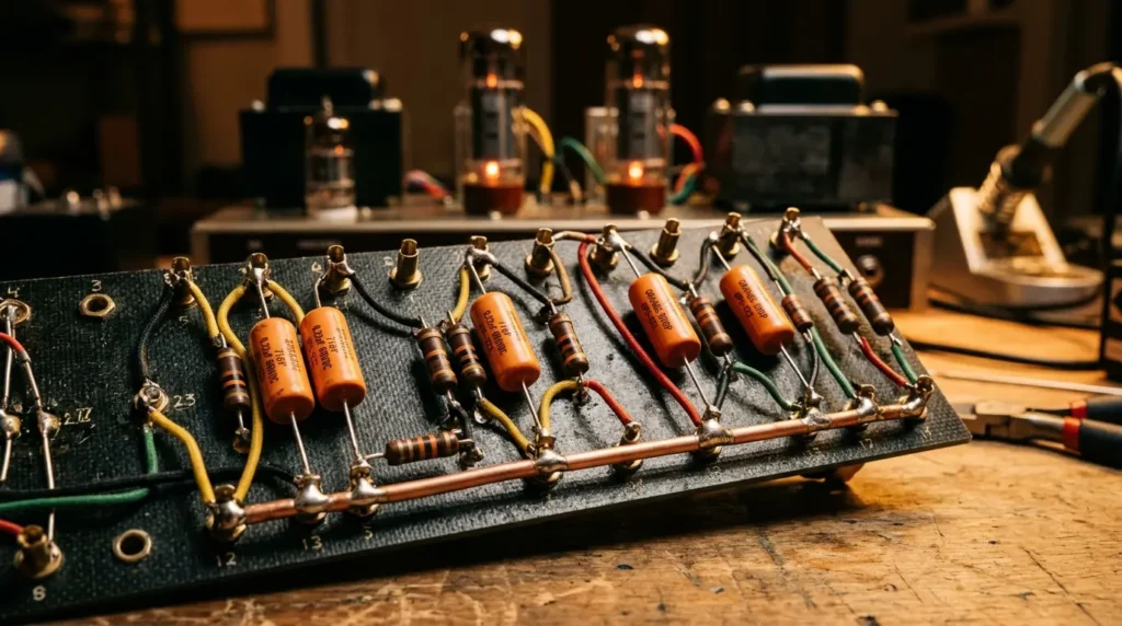 A close-up of a hand-wired custom turret board with vintage capacitors and resistors inside a high-voltage tube amplifier chassis.