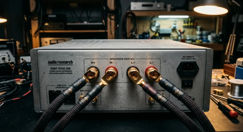 Rear panel of a custom audio power amplifier equipped with heavy-duty amplifier binding posts connected to speaker cables.