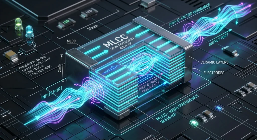 3D conceptual rendering illustrating electromagnetic signals passing through high frequency capacitors with low signal loss and high Q factor.
