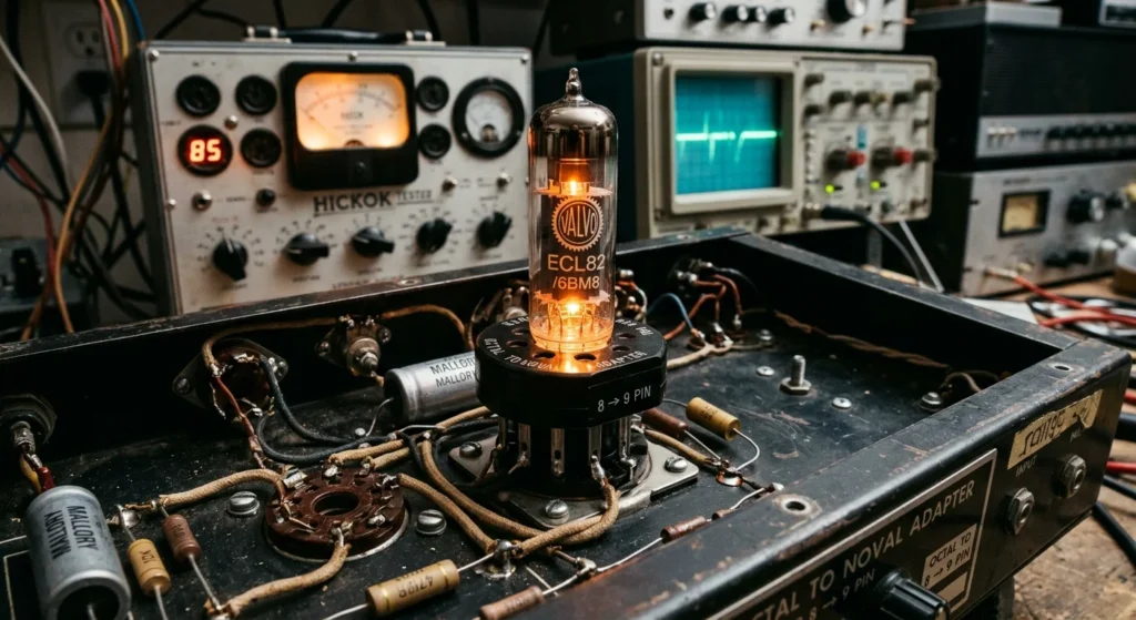 Octal to noval tube sockets adapter mounted on an audio amplifier chassis during bench testing.
