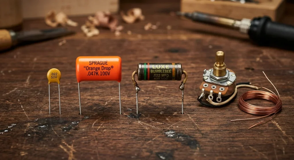 An orange drop capacitor wired to a tone potentiometer showcasing one of the main guitar capacitors types used in passive circuits.