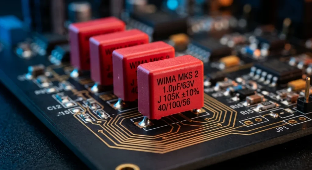 Macro shot of red box-type polyester film capacitors mounted on a black printed circuit board, highlighting their compact radial package design.