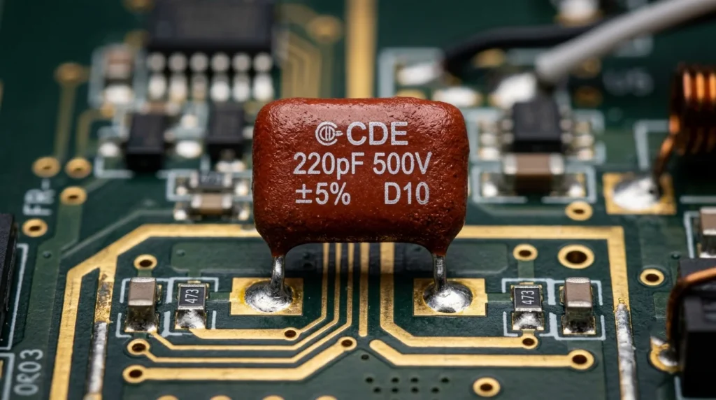 A close-up macro photograph of high-quality silver mica capacitors with their distinctive reddish-brown epoxy coating soldered onto an RF circuit board.