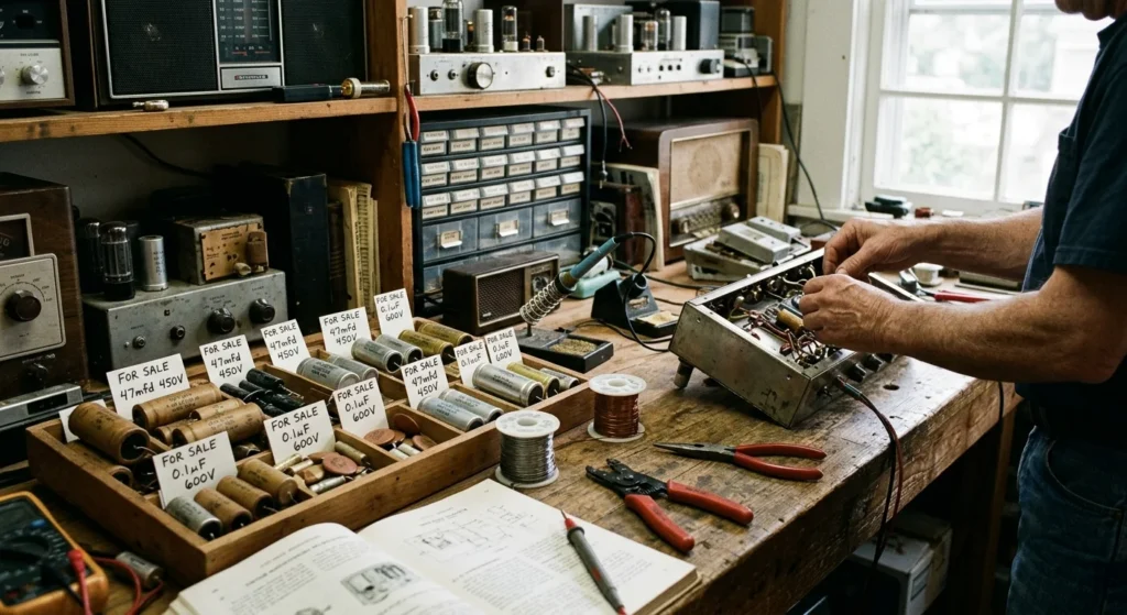 vintage radio capacitors for sale shown in a practical electronics application setup