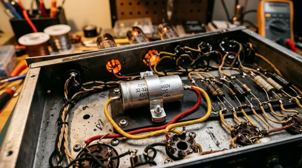 Under-chassis view of a vintage tube amplifier showing a replacement dual-section 32uf capacitors metal can unit secured with a mounting clamp.