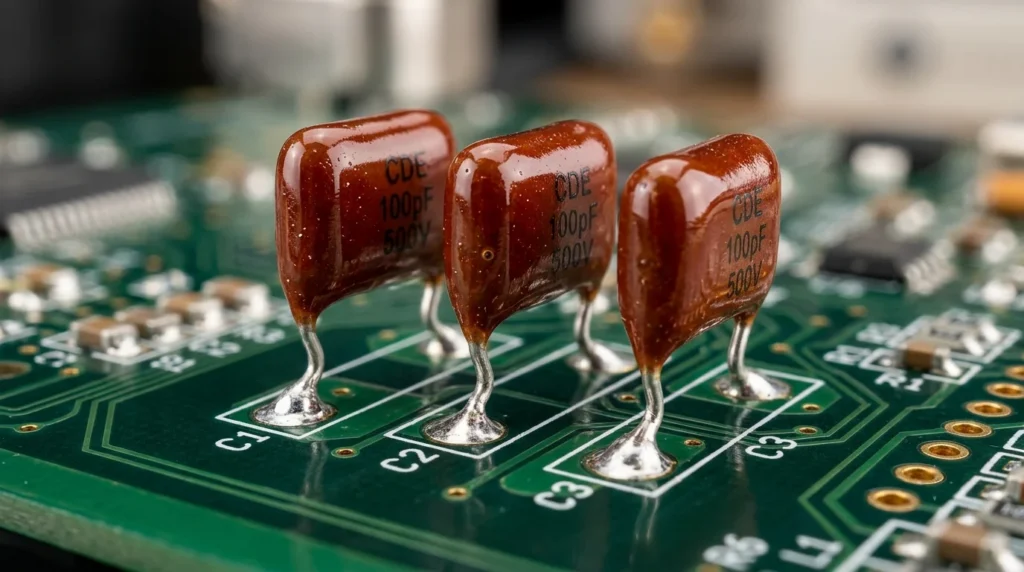 A macro photograph of high-voltage silver mica capacitors on a green printed circuit board, illustrating what is mica capacitors in electronic circuit design.