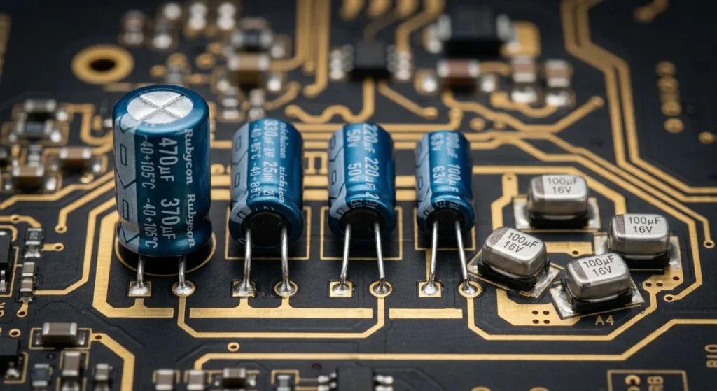 Close-up of premium aluminum radial and SMD components on a PCB, illustrating where to buy electrolytic capacitors with factory-direct traceability.