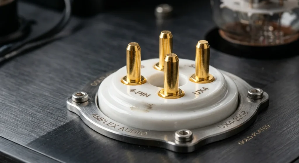 Glazed ceramic UX4 vacuum tube sockets with gold-plated contacts for high-end triode audio amplifiers.