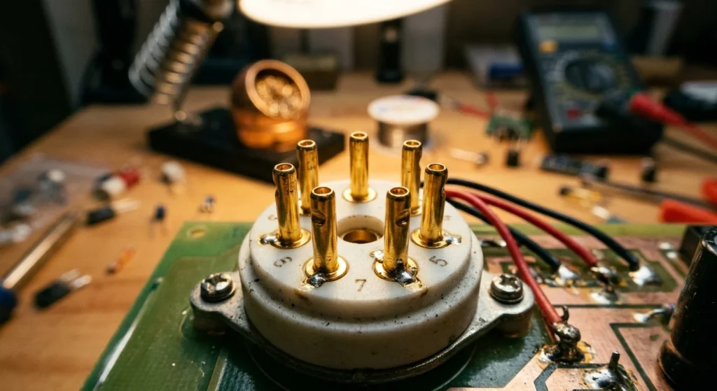 Detailed comparison of ceramic, phenolic, and PC mount 7 pin tube sockets laid out on a technical workbench.