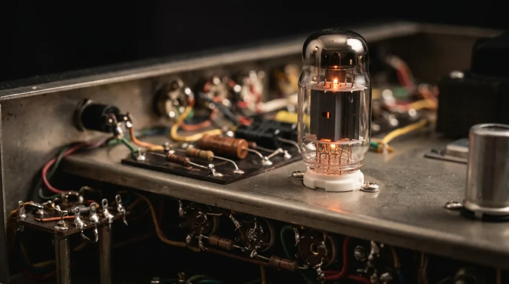 Power vacuum tube mounted securely in a chassis octal tube socket inside a hand-wired amplifier