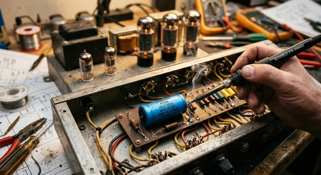 Electronics bench restoration showing 40uf 500v capacitors hand-soldered into a vintage tube amplifier chassis.